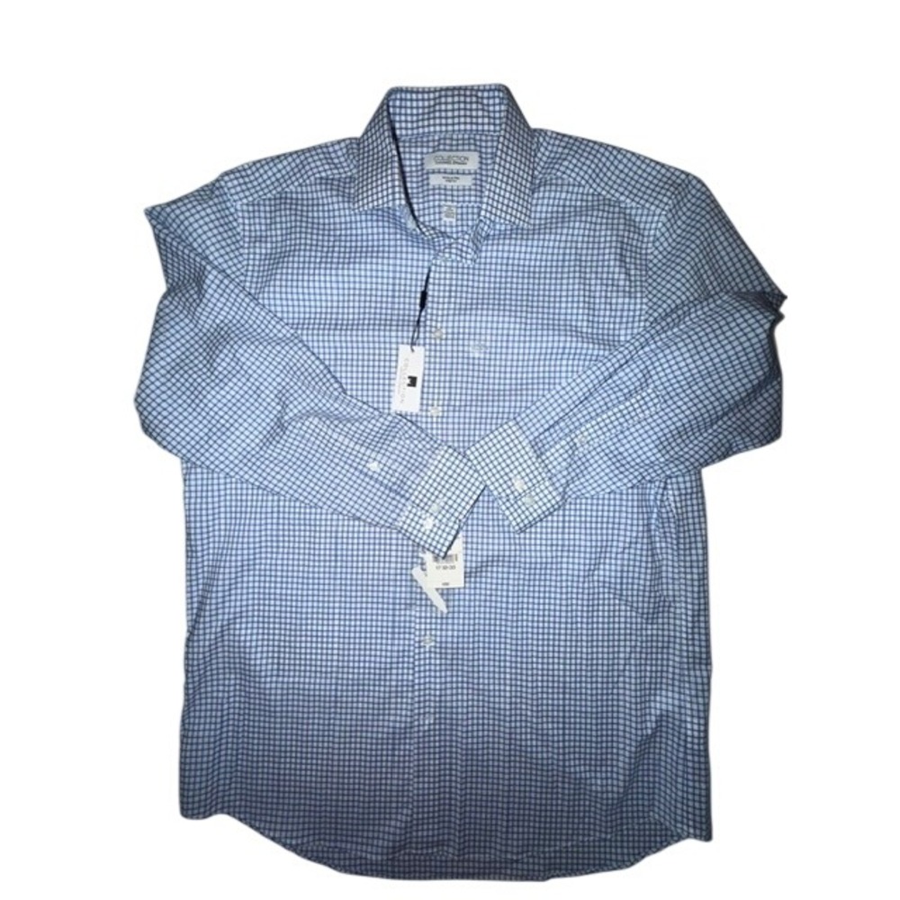 Michael Strahan Mens Blue White Check Wrinkle Free Stretch Dress Shirt 17 32-33
